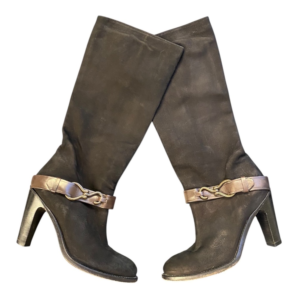 Cole Haan Knee High Boots Black Leather Buckle Accent Block Heel Size 10B